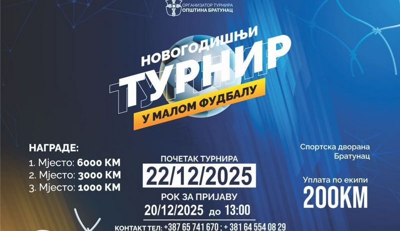Novogodišnji turnir u malom fudbalu 22. decembara u Bratuncu